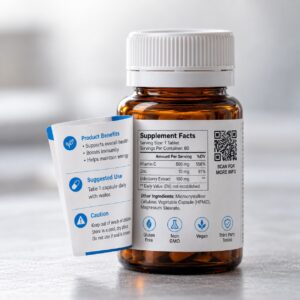 Self-adhesive label on a supplement bottle with a peelable flap lifted to reveal printed content underneath